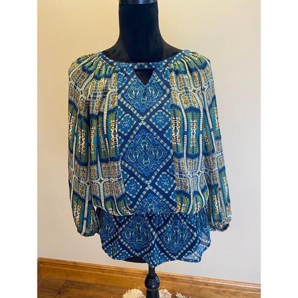 FIGUEROA & Flower Blouse Sz Large Boho Peasant Elastic Waist Blue Green Top - Picture 10 of 12